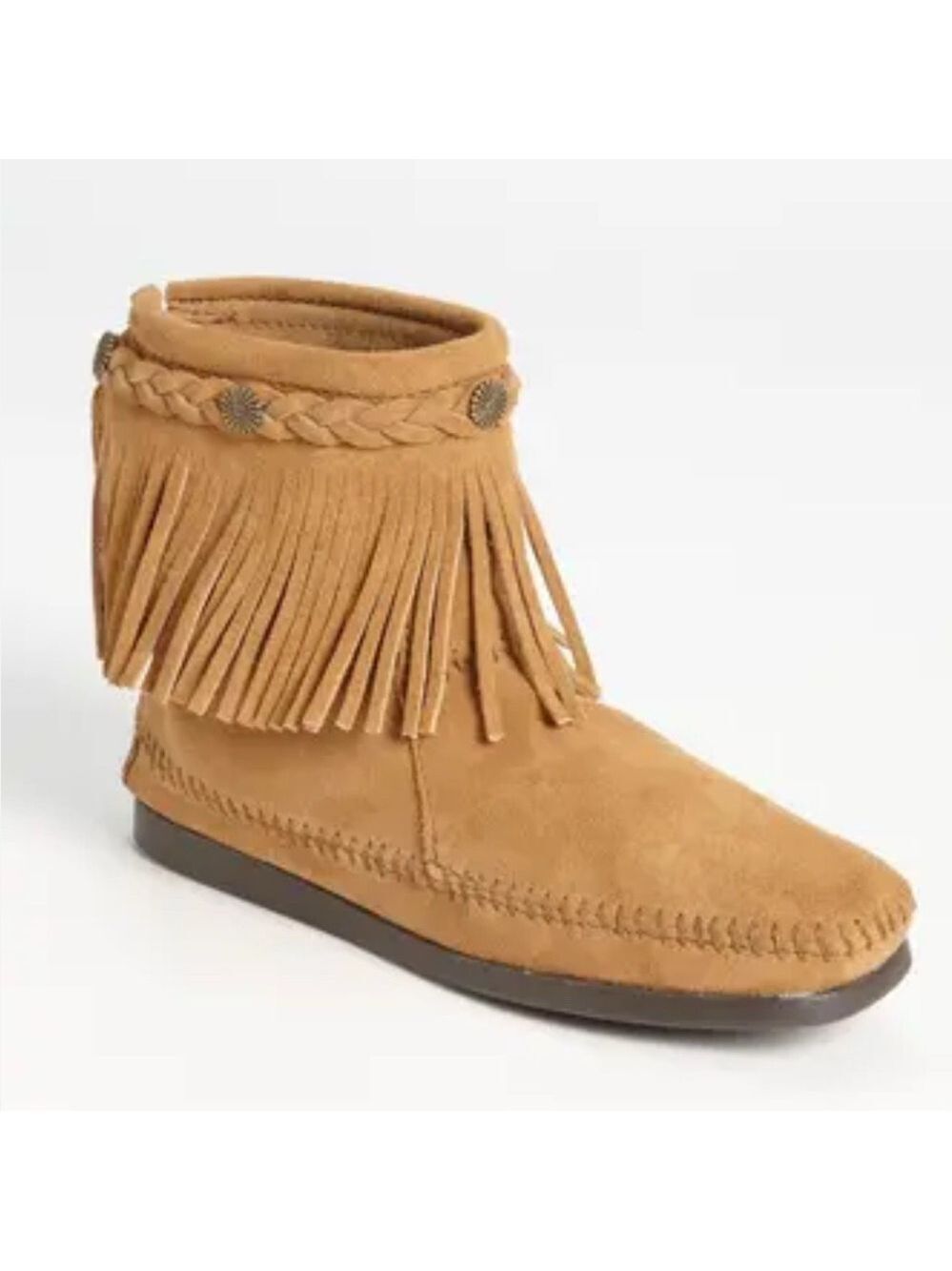 MINNETONKA Suede Fringed Tan  Moccasin styled  Booties w/rear zip women’s sz 9